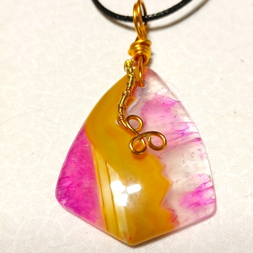 Pink yellow botswana lace agate pendant gold wire white swirl wrap handmade gem